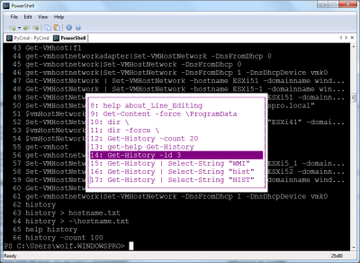 Eine einfache Möglichkeit zur Navigation in der Befehlsliste bietet sich wie bei cmd.exe über die F7-Taste.